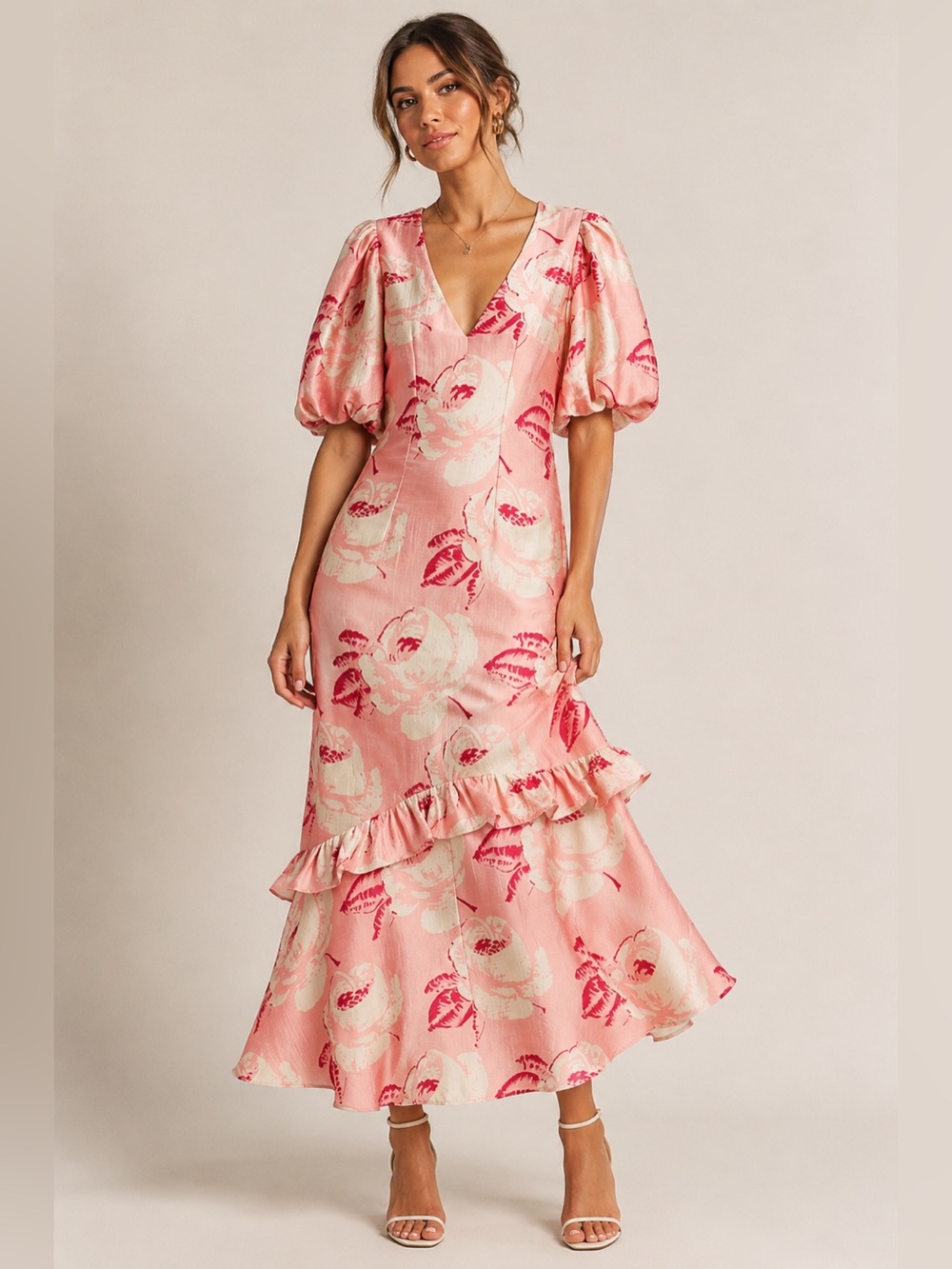 NWT By Timo Medium Vintage Rose Floral Ruffle Maxi Dress